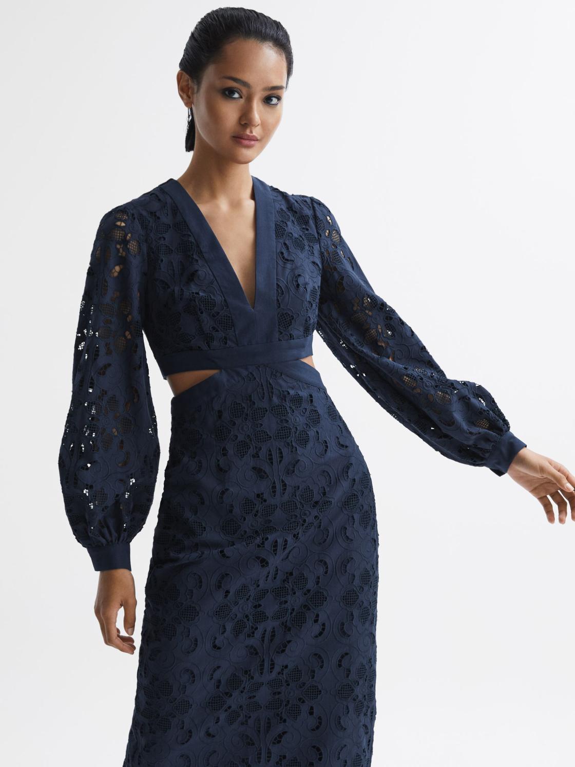Reiss Dresses | Zena Lace Cut-Out Midi Dress Navy - Women