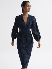 Reiss Dresses | Zena Lace Cut-Out Midi Dress Navy - Women
