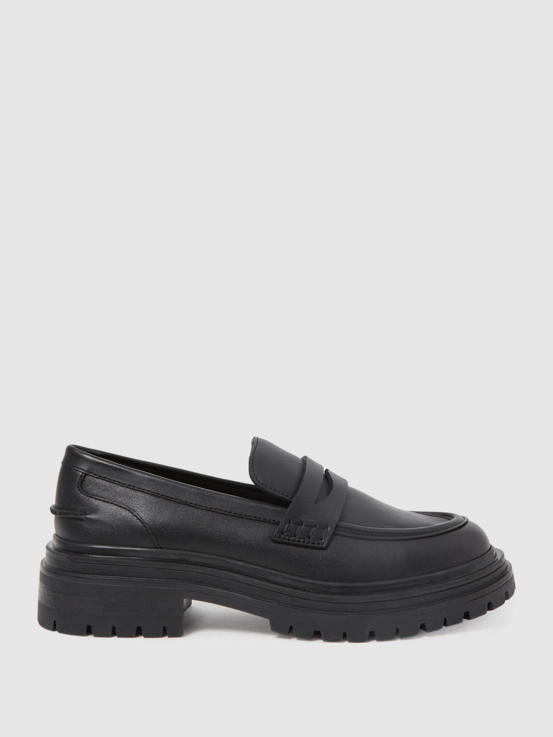 Reiss Flats | Adele Leather Chunky Cleated Loafers Black - Women