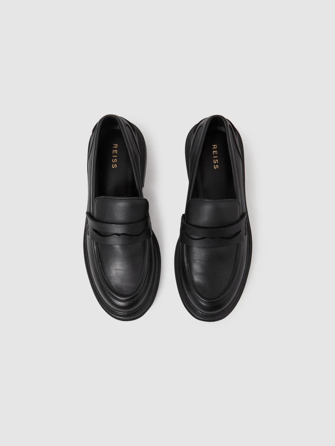 Reiss Flats | Adele Leather Chunky Cleated Loafers Black - Women