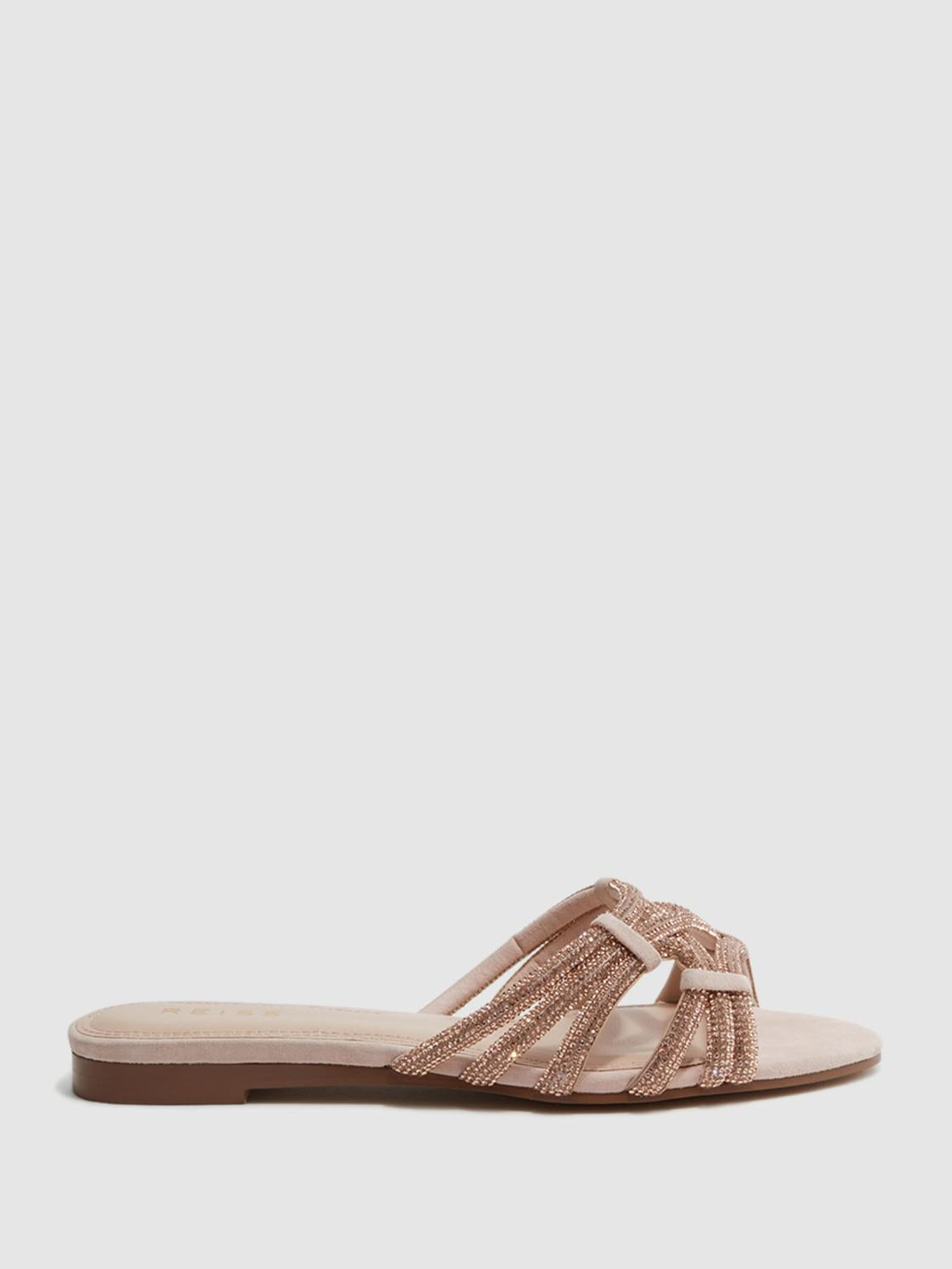 Reiss Flats | Eryn Flat Suede Suede Embellished Flat Sandals Nude - Women