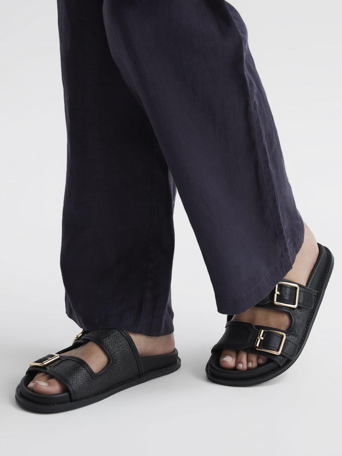 Reiss Flats | Ezra Raffia Leather Sliders Black - Women
