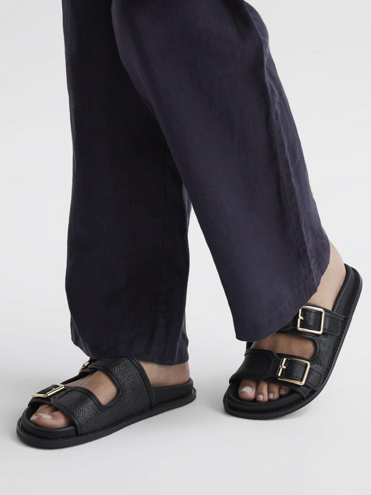 Reiss Flats | Ezra Raffia Leather Sliders Black - Women