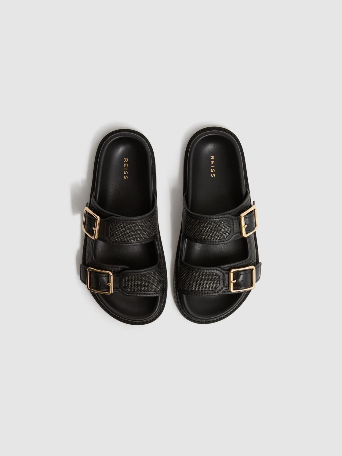 Reiss Flats | Ezra Raffia Leather Sliders Black - Women