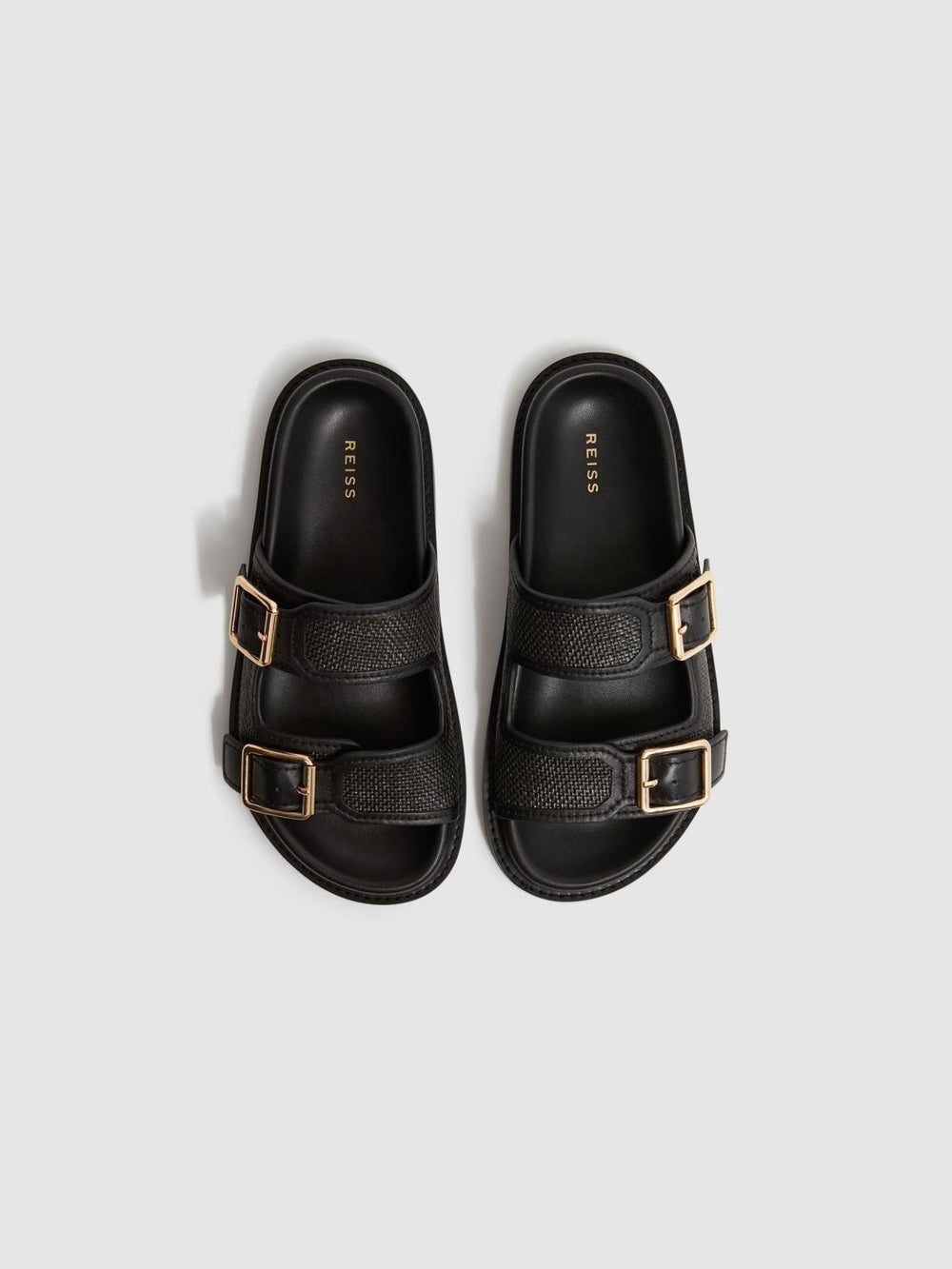 Reiss Flats | Ezra Raffia Leather Sliders Black - Women