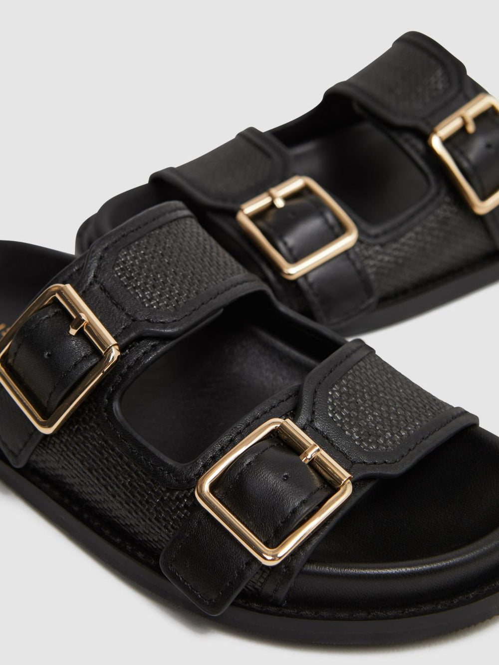 Reiss Flats | Ezra Raffia Leather Sliders Black - Women