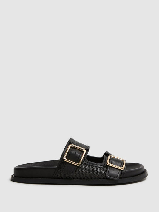 Reiss Flats | Ezra Raffia Leather Sliders Black - Women