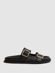 Reiss Flats | Ezra Raffia Leather Sliders Black - Women