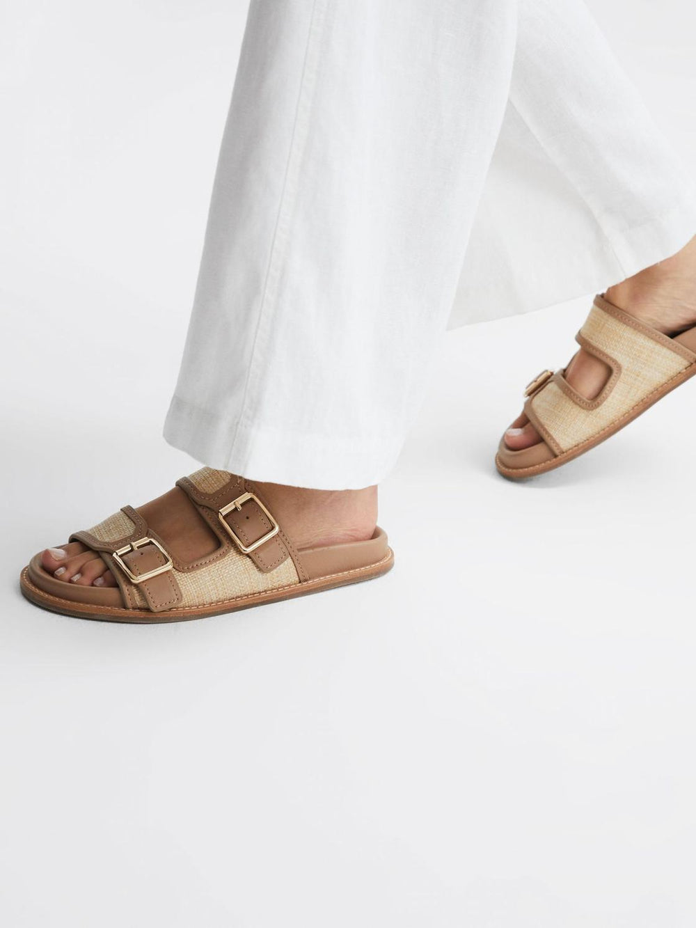 Reiss Flats | Ezra Raffia Leather Sliders Natural - Women