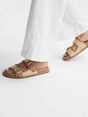 Reiss Flats | Ezra Raffia Leather Sliders Natural - Women