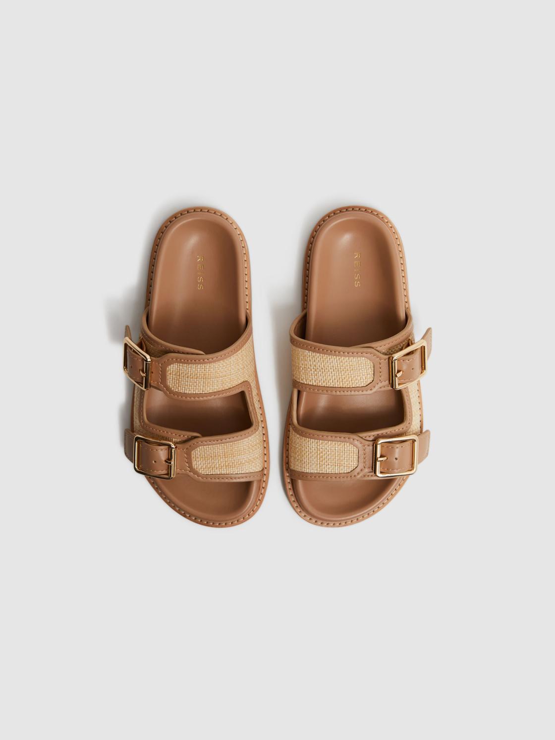 Reiss Flats | Ezra Raffia Leather Sliders Natural - Women