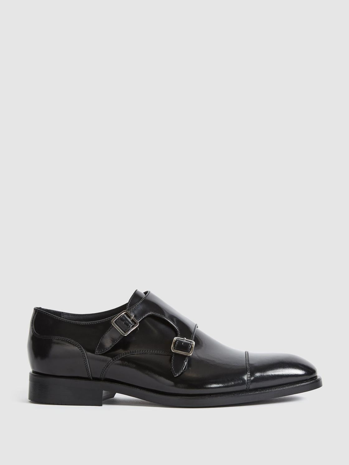 Reiss Formal Shoes | Rivington High Shine Leather Monk Strap Shoes Black - Men