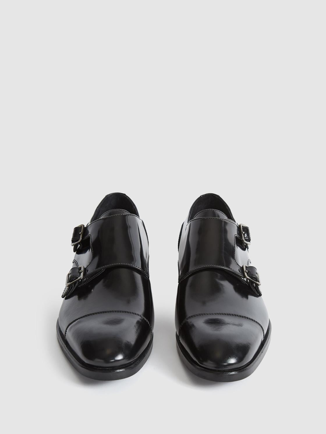 Reiss Formal Shoes | Rivington High Shine Leather Monk Strap Shoes Black - Men