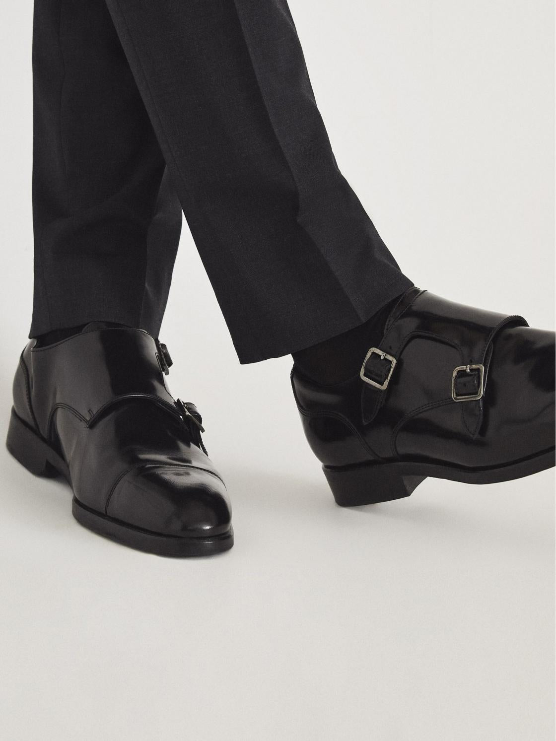 Reiss Formal Shoes | Rivington High Shine Leather Monk Strap Shoes Black - Men