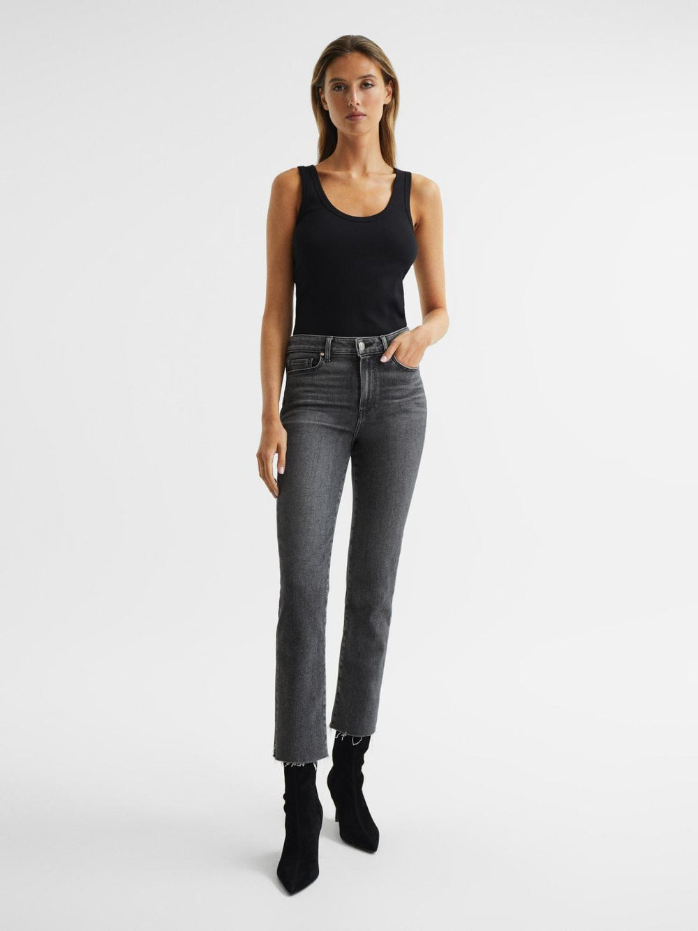 Reiss Jeans | Cindy Paige Cindy Straight Leg Raw Hem Jeans Washed Black - Women