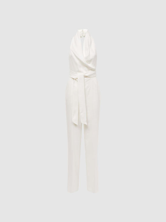 Reiss Jumpsuits | Carmen Halter Neck Linen Blend Jumpsuit White - Women