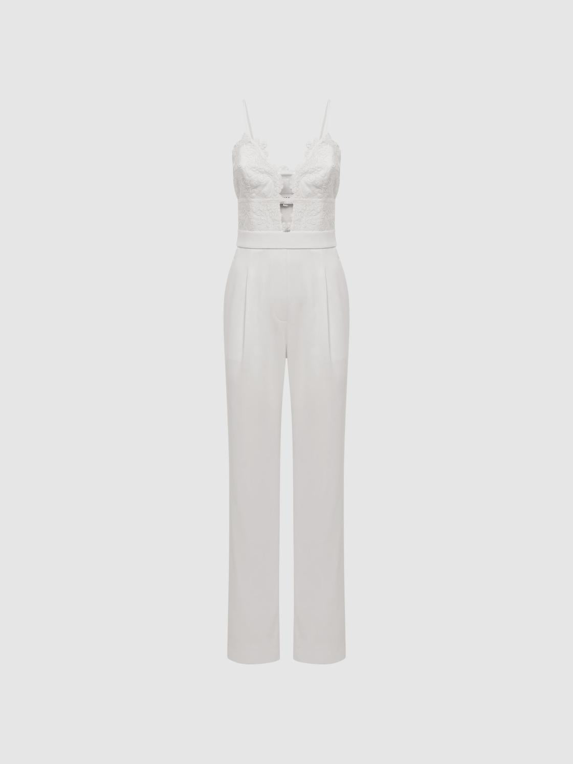 Reiss Jumpsuits | Cora Lace Plunge Neck Jumpsuit Ivory - Women