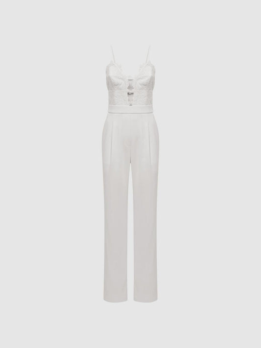 Reiss Jumpsuits | Cora Lace Plunge Neck Jumpsuit Ivory - Women