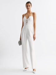 Reiss Jumpsuits | Cora Lace Plunge Neck Jumpsuit Ivory - Women