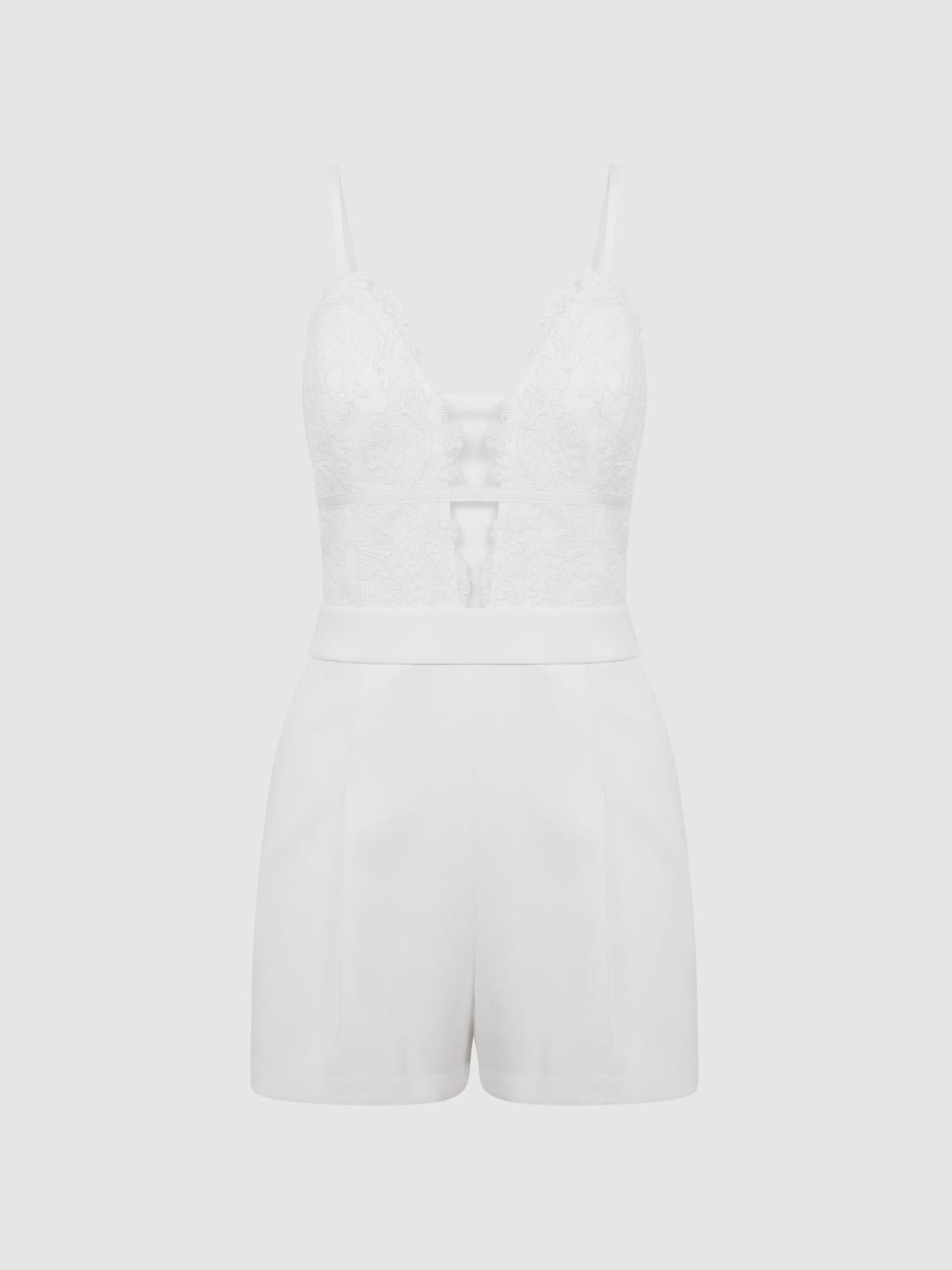 Reiss Jumpsuits | Daphine Lace Plunge Neck Playsuit Ivory - Women