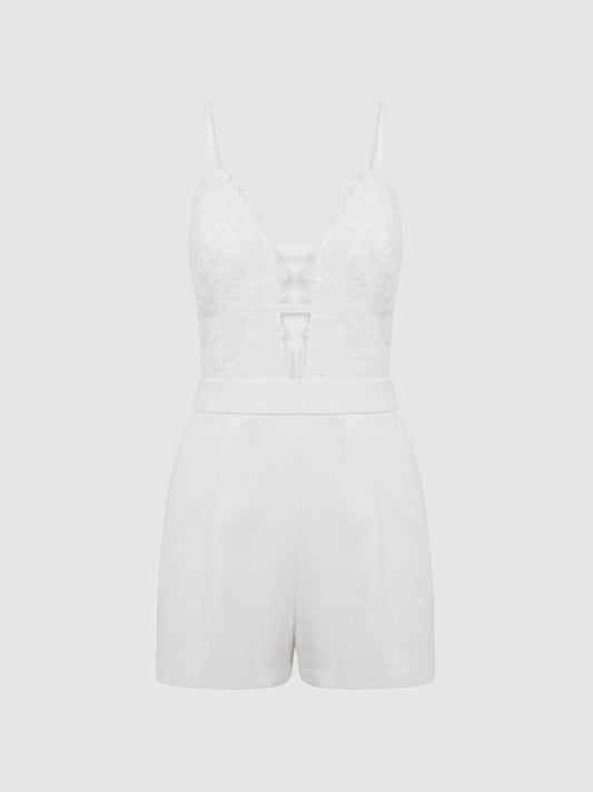 Reiss Jumpsuits | Daphine Lace Plunge Neck Playsuit Ivory - Women