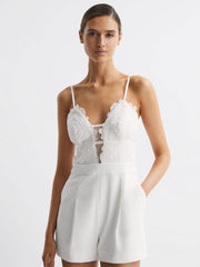 Reiss Jumpsuits | Daphine Lace Plunge Neck Playsuit Ivory - Women