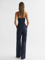 Reiss Jumpsuits | Emilia V-Neck Linen Jumpsuit Navy - Women