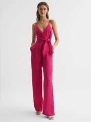 Reiss Jumpsuits | Emilia V-Neck Linen Jumpsuit Pink - Women
