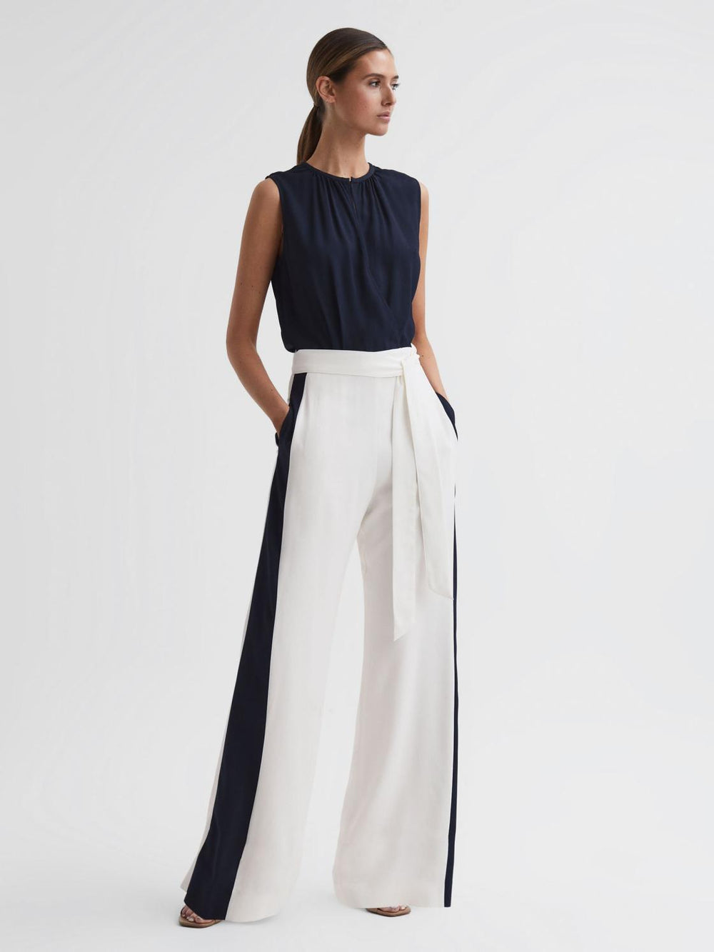 Reiss Jumpsuits | Ivy Wide Leg Side Stripe Jumpsuit Navy/white - Women