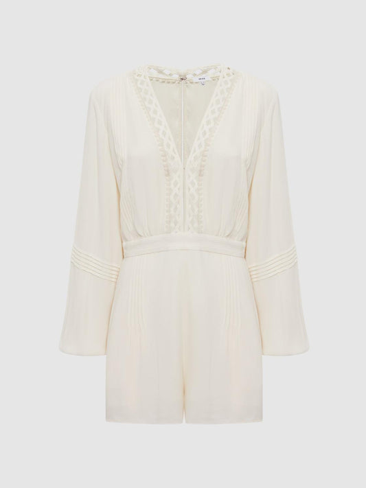 Reiss Jumpsuits | Rachelle Long Sleeve Lattice Playsuit Cream - Women