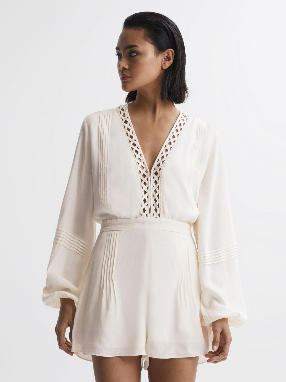 Reiss Jumpsuits | Rachelle Long Sleeve Lattice Playsuit Cream - Women