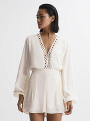 Reiss Jumpsuits | Rachelle Long Sleeve Lattice Playsuit Cream - Women
