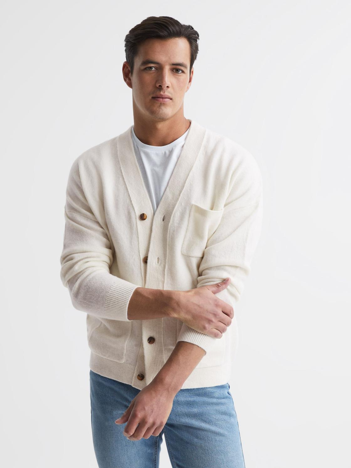 Reiss Knitwear | Andrews Merino Wool Cardigan Ecru - Men