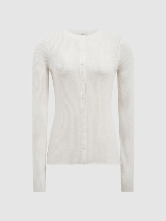 Reiss Knitwear | Arabella Silk Wool Blend Ribbed Cardigan Ivory - Women