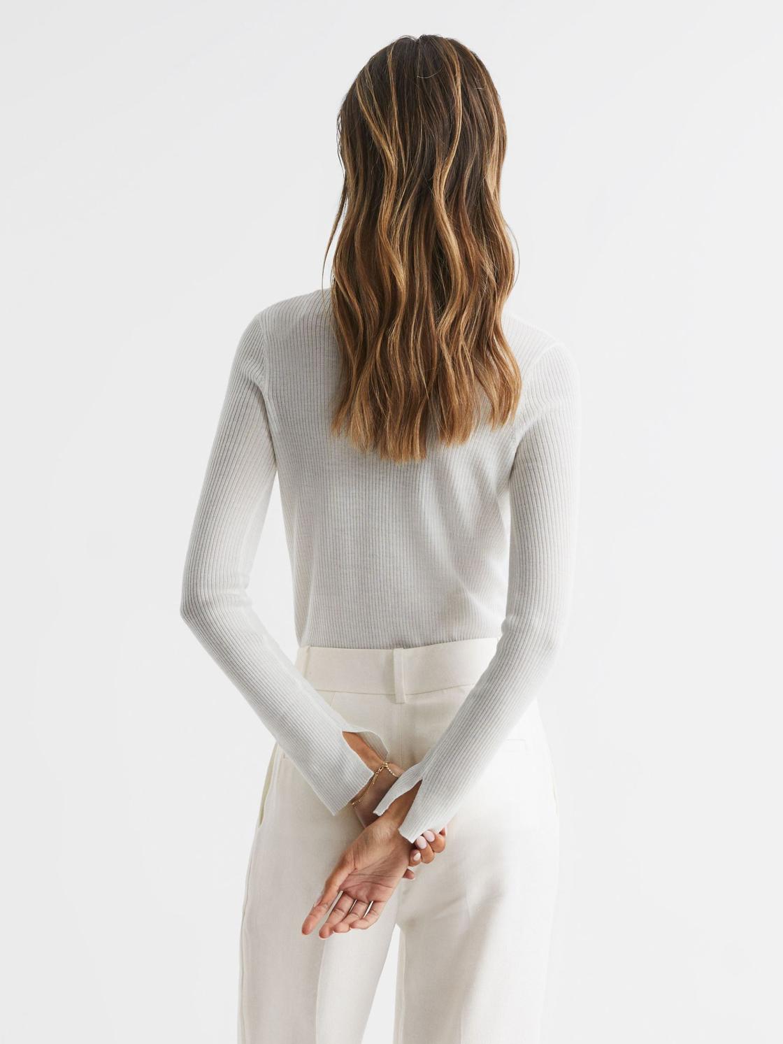 Reiss Knitwear | Arabella Silk Wool Blend Ribbed Cardigan Ivory - Women