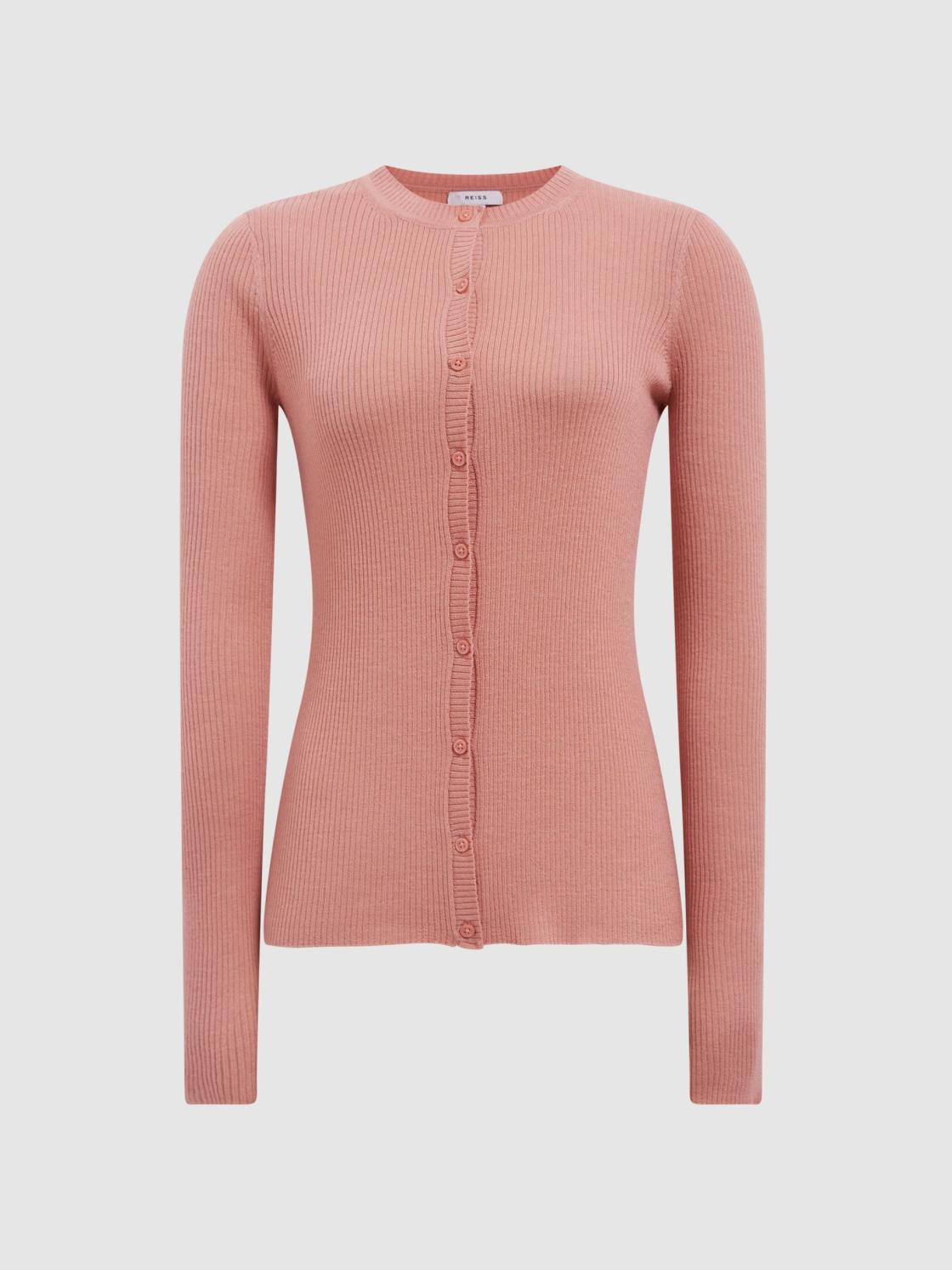Reiss Knitwear | Arabella Silk Wool Blend Ribbed Cardigan Pink - Women