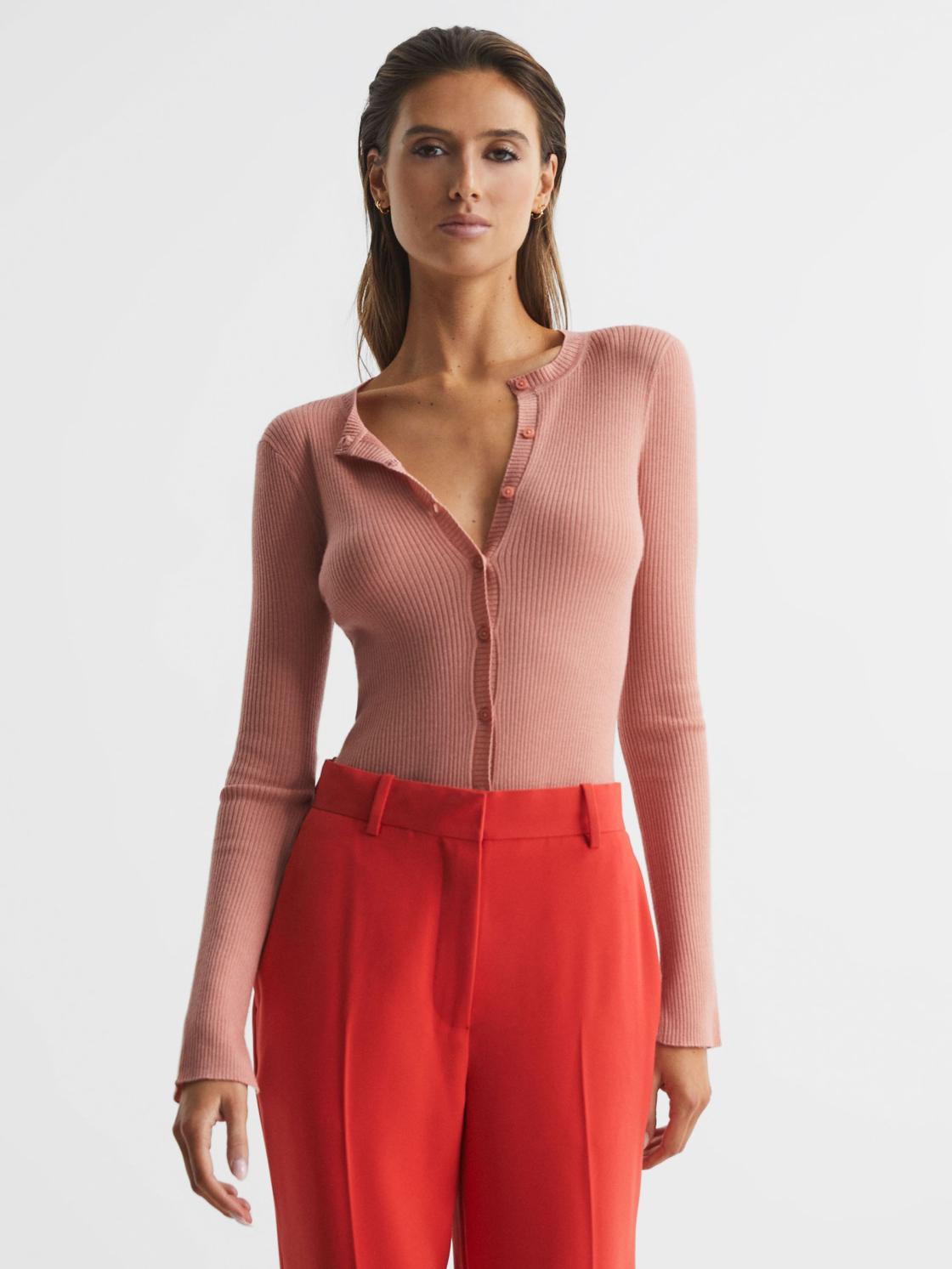 Reiss Knitwear | Arabella Silk Wool Blend Ribbed Cardigan Pink - Women