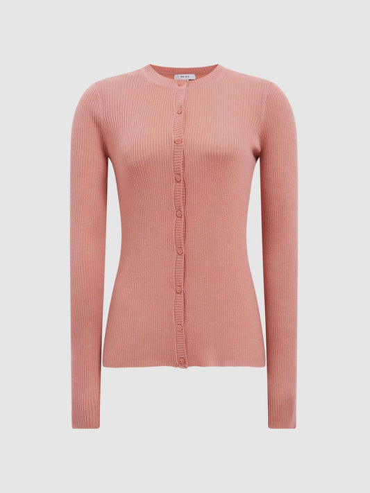 Reiss Knitwear | Arabella Silk Wool Blend Ribbed Cardigan Pink - Women