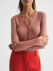 Reiss Knitwear | Arabella Silk Wool Blend Ribbed Cardigan Pink - Women