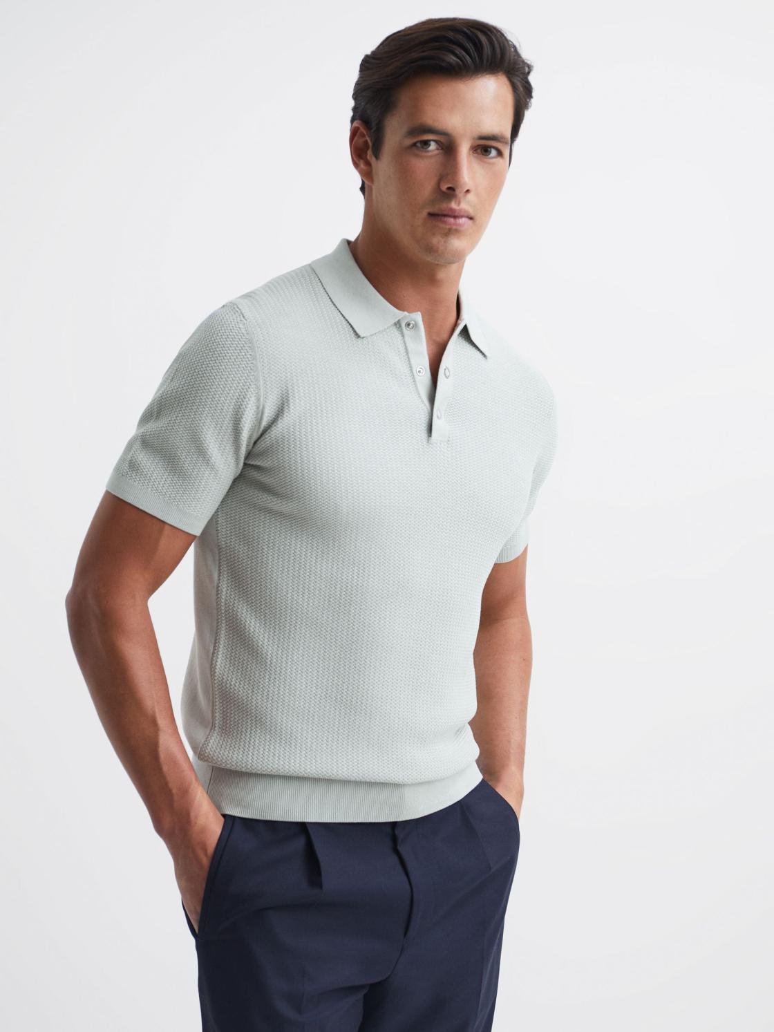 Reiss Knitwear | Bennie Press Stud Textured Polo Shirt Airforce Blue - Men