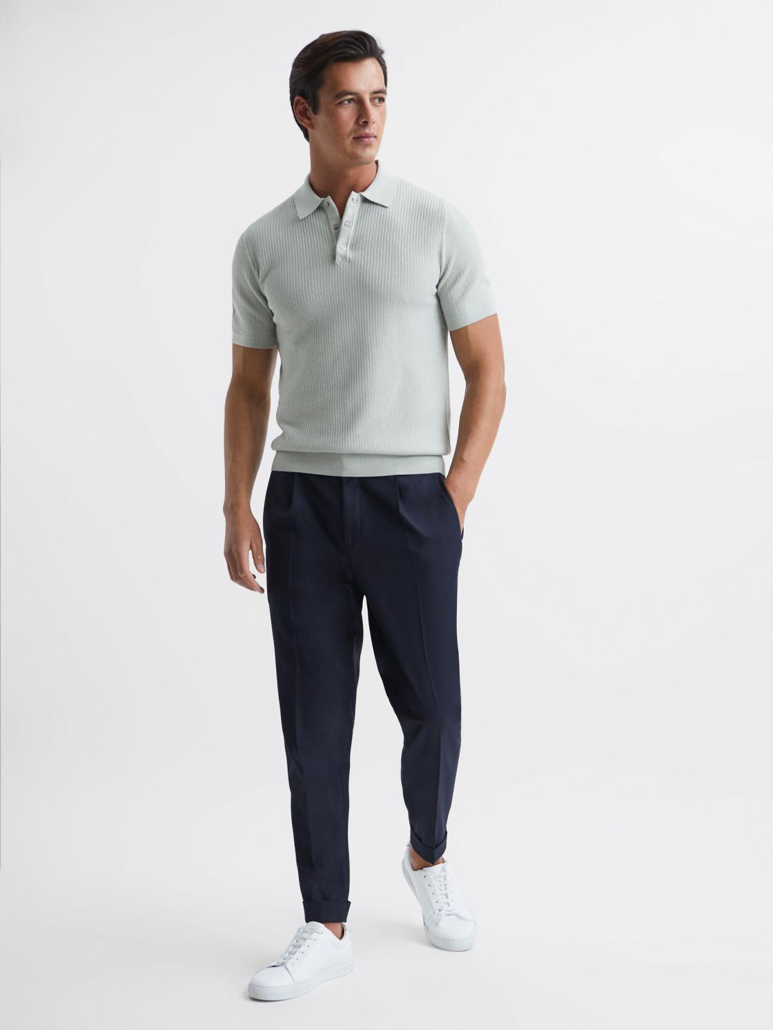 Reiss Knitwear | Bennie Press Stud Textured Polo Shirt Airforce Blue - Men