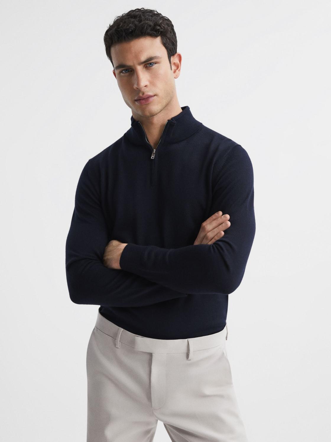 Reiss Knitwear | Blackhall Merino Wool Zip Neck Jumper Black - Men