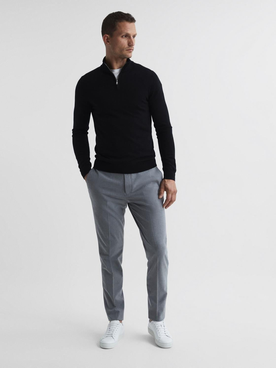 Reiss Knitwear | Blackhall Merino Wool Zip Neck Jumper Black - Men