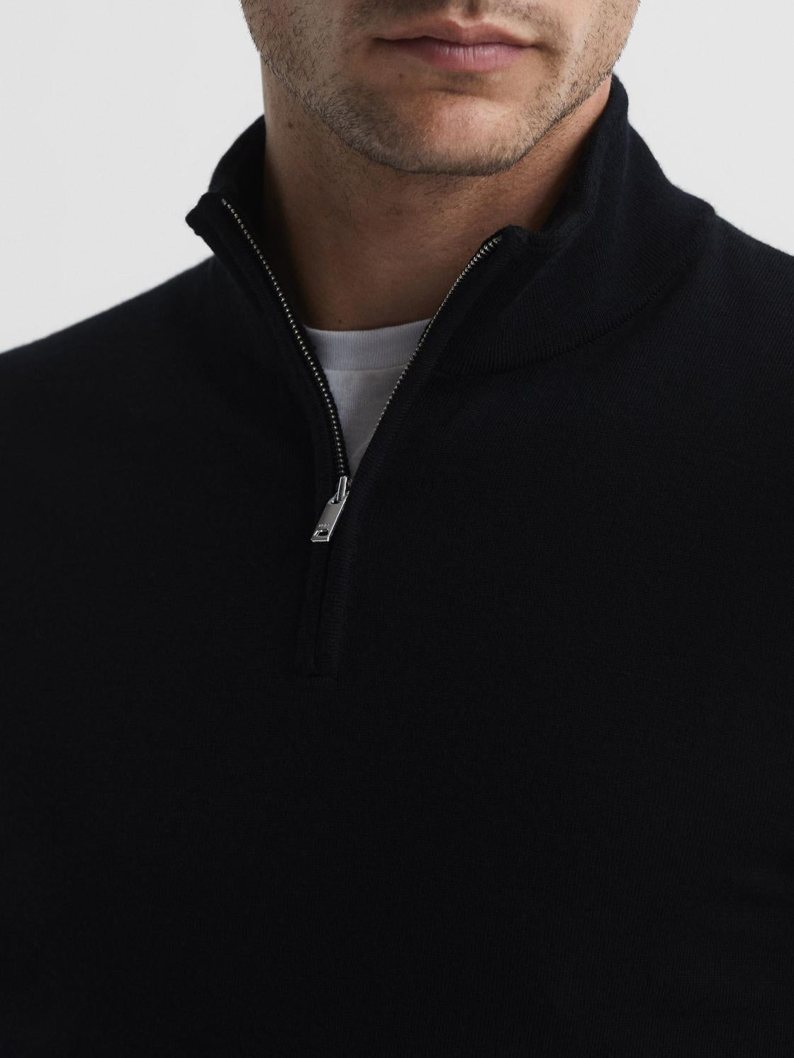 Reiss Knitwear | Blackhall Merino Wool Zip Neck Jumper Black - Men