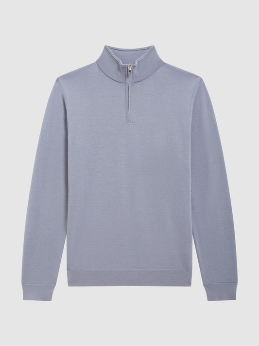 Reiss Knitwear | Blackhall Merino Wool Zip Neck Jumper Dove Blue - Men