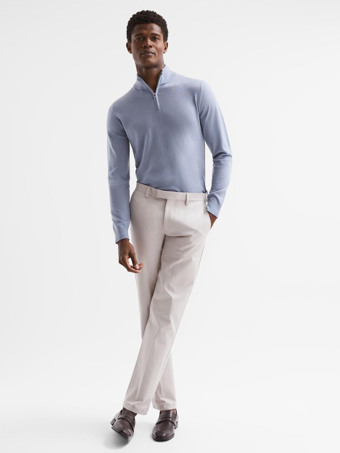 Reiss Knitwear | Blackhall Merino Wool Zip Neck Jumper Dove Blue - Men