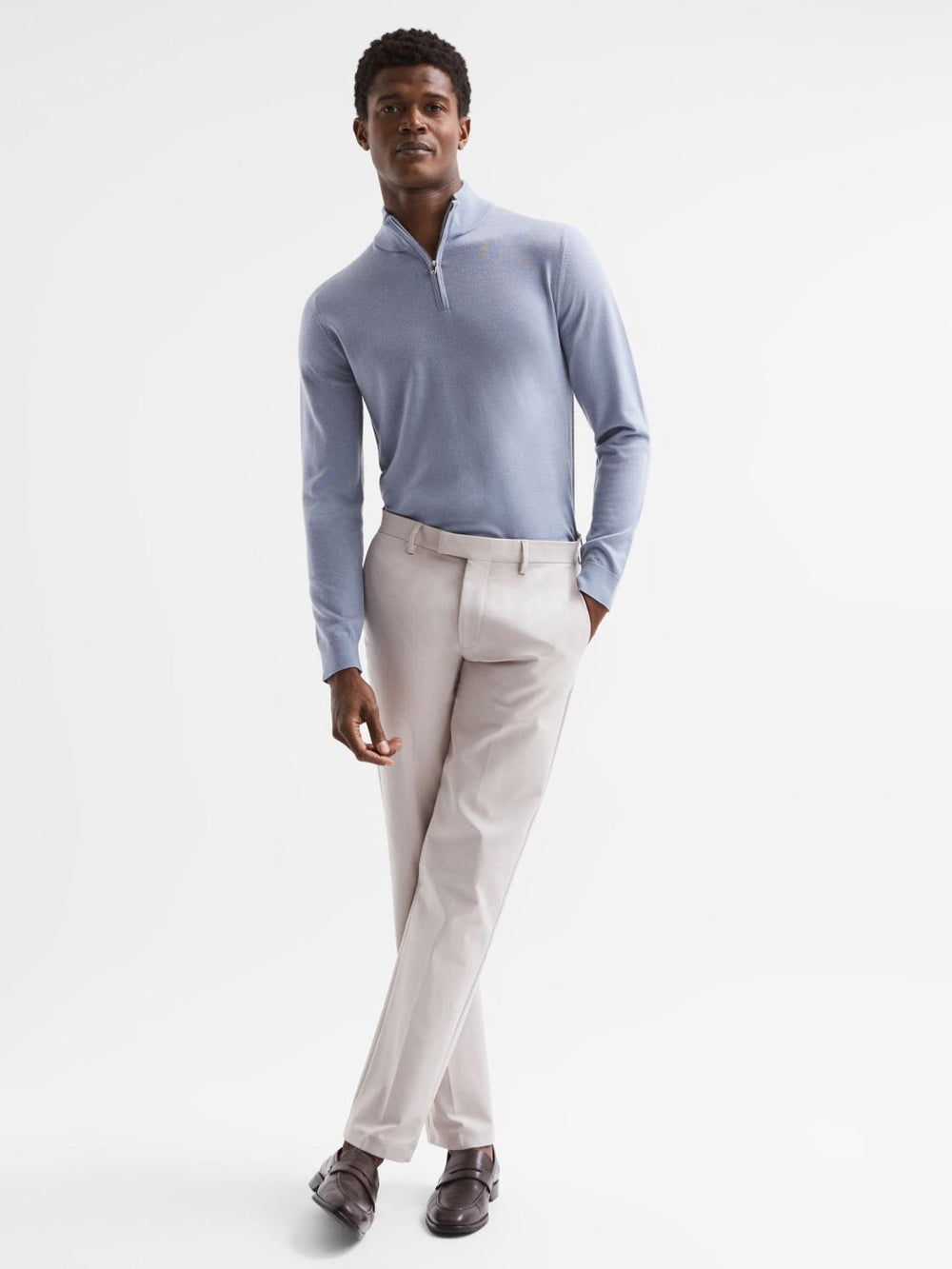 Reiss Knitwear | Blackhall Merino Wool Zip Neck Jumper Dove Blue - Men