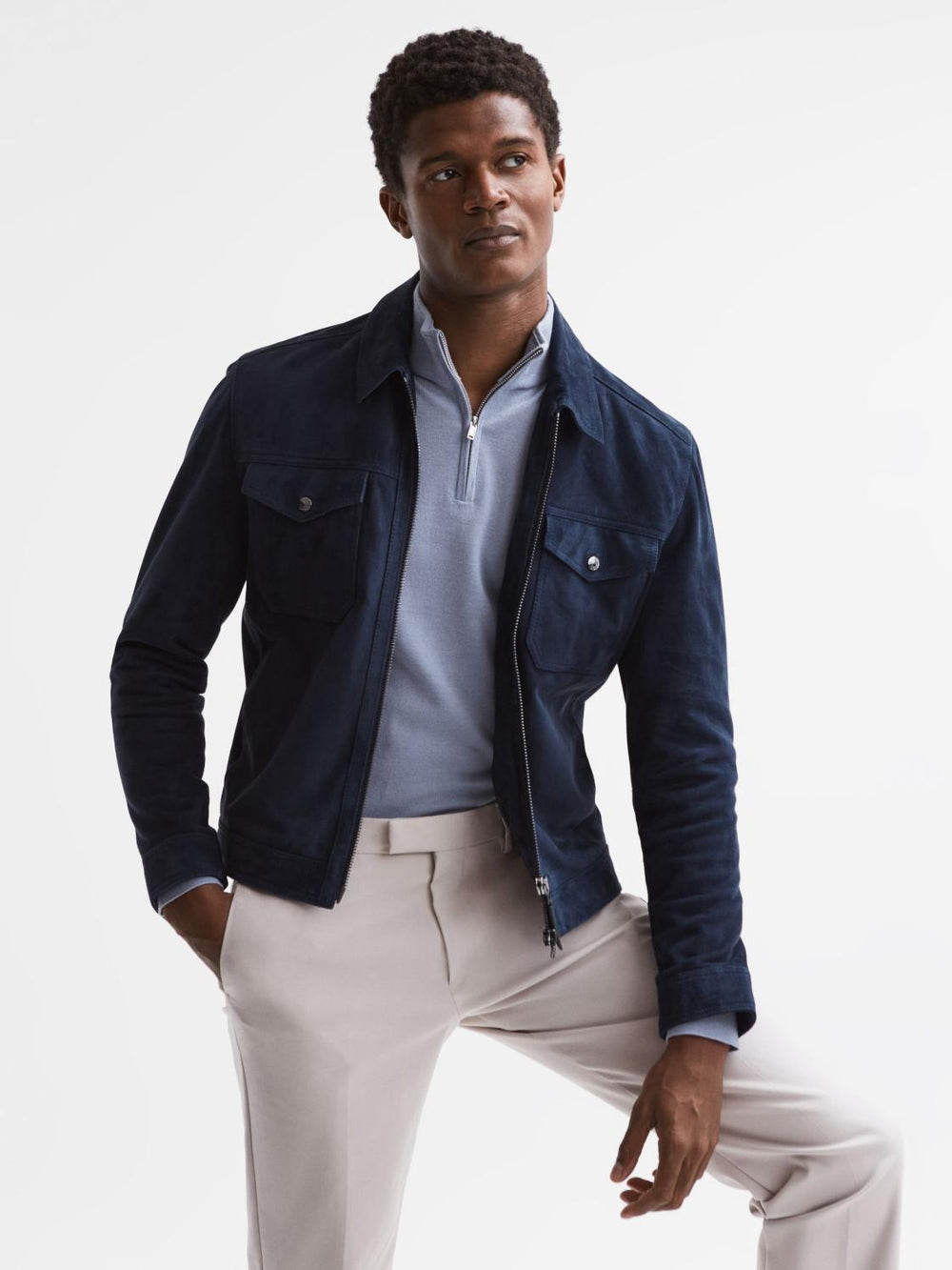 Reiss Knitwear | Blackhall Merino Wool Zip Neck Jumper Dove Blue - Men