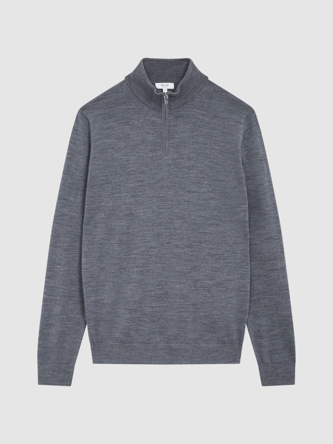 Reiss Knitwear | Blackhall Merino Wool Zip Neck Jumper Mid Grey Melange - Men