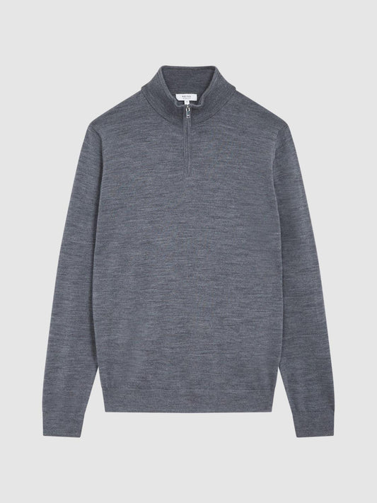 Reiss Knitwear | Blackhall Merino Wool Zip Neck Jumper Mid Grey Melange - Men